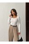 Women's U Neck Lace Bow Long Sleeve Cotton Ribbed Knit Blouse - 4