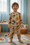 Boy's Fleece-Lined Cotton Brown Safari Lion Giraffe Printed Pajama Set