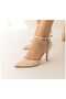 Beige Snake Skin Pattern 8.5cm Belt Strap Pointed Toe Stiletto Thin Heels Women Shoes