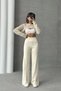Women's Cream High Waist Stylish Striped Detail Wide Leg Knitwear Pants - 4