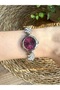 Stylish Silver Women's Wristwatch with Round Burgundy Dial and Stone Accents