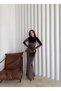 Women's Brown Velvet Long Evening Dress with Gold Buckle Detail - 4