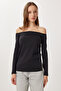 Open Shoulder Gathered Knitted Blouse Lub0272 Black - 3