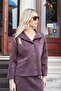 Women's Lightweight Flexible Nubuck Fabric Collared Pocketed Off-Shoulder Long Sleeve Jacket Coat-Brown - 3