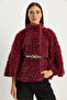 Women's Burgundy Belt Detailed Soft Textured Plush Poncho 2817 60281120 - 2