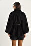 Women's Black Single Button Belted Bearded Soft Poncho 60282034 - 8