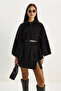 Women's Black Single Button Belted Bearded Soft Poncho 60282034 - 5