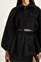 Women's Black Single Button Belted Bearded Soft Poncho 60282034 - 6