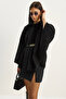 Women's Black Single Button Belted Bearded Soft Poncho 60282034 - 4