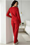 Red Brushed Soft Textured Corded Fabric Ribbed Knit Knitted Buttoned Cardigan Pajama Suit 7962 - 3