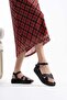 Black Genuine Leather Women's Sandals with Knitted Straps and Ankle Buckle - 4