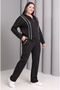 Women's Plus Size Black, Zipper Closure Stone Work, Pocket Pants, K Hooded Tracksuit Set 65N39224
