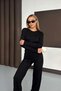 Women's Black Crew Neck Finger Detail Blouse Wide Leg Pants Corded Fabric Sets - 2
