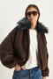 Women's Bitter Brown Mobile Fur Collar Zippered Cashmere Bomber Jacket 38185 60283786 - 2