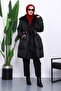 Black Collar Fur Belt Detailed Puffer Coat