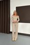Women's Beige Wide Corded Fabric Madonna Collar Blouse Wide Leg Pants Set - 3