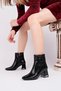 Women's Snake Pattern Patent Leather Heeled Boots 6.5 cm Thick Heel, Square Toe and Gold Detailed Design - 4