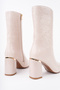 Women's Winter Snake Printed Patent Leather Boots, 8.5 cm Thick Heel, Pointed Toe and Gold Detailed Design - 6