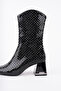 Women's Black Snake Pattern Patent Leather Heeled Boots 6.5 cm Thick Heel Stylish and Modern Daily Design - 5