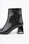 Women's Snake Pattern Patent Leather Heeled Boots 6.5 cm Thick Heel, Square Toe and Gold Detailed Design - 7