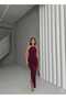 U-Neck Halter Neck Gold Accessory Detail Side Gathered Side Slit Lined Long Dress - 8