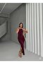 U-Neck Halter Neck Gold Accessory Detail Side Gathered Side Slit Lined Long Dress - 2