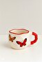 Butterfly Patterned Handmade Ceramic Mug – Cream Coffee Cup with Red Handle