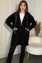 Plush Hooded Zippered Below Knee Soft Black Cardigan - 3