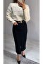 Belted High Waist Front Slit Midi Length Denim Skirt