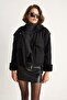 Women's Black Collar and Sleeve Plush Detailed Bell-Bottom Pocket Cashmere Coat - Zippered, Stylish Winter Jacket 2751 - 6