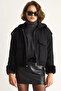 Women's Black Collar and Sleeve Plush Detailed Bell-Bottom Pocket Cashmere Coat - Zippered, Stylish Winter Jacket 2751