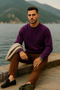 Men's Thick Crew Neck Casual Purple Sweater - 3
