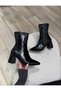 Clv902 |   Women's Black Shiny Wrinkled Special Pattern Pointed Toe Premium Leather Heeled Boots – Elegant & Stylish
