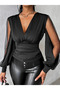 Women's Long Slit Tulle Detailed Deep V-Neck Sandy Blouse - 2