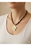 Women's Gold Color Clover Model Steel Necklace with Leopard Pattern Fabric - 6