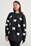 Ribbon Embroidered Crew Neck Oversize Knit Sweater - 3