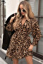 New Season Leopard Patterned Double-Breasted Collar Long Sleeve Ruffled Belted Women's Dress - 3