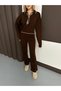 Women's Brown Polo Neck Scarf with Shepherd Stitch Sweater Pants Knitwear Set - 2