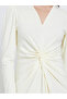 White Twist Waist V-Neck Midi Dress - 4