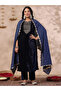 Navy Blue Velvet Kurta with Pants and Dupatta Set