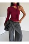Women's Tops Burgundy Color One Shoulder Neck Detail Long Sleeve Asymmetric Collar Blouse - 4