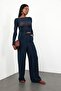 Navy Blue Boat Neck Cashmere Transparent Blouse - 202517 - 3