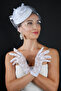 White Polka Dot Detailed Bridal Wedding Cap and Short Style Lace Fingered Wedding Gloves Set - 5