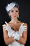 Pearl Tulle Detailed Bridal Cap Accessory and Bowknot Stone Wedding Gloves Set - 2