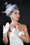Feather Detailed Bridal Wedding Cap Accessory and Short Satin Wedding Gloves Set - 2