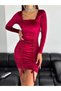 Women's Ruched Detail Velvet Stretchy Bodycon Mini Dress