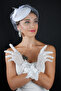 Pearl Tulle Detailed Bridal Cap Accessory and Bowknot Stone Wedding Gloves Set - 5
