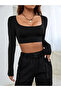 Women's Black Wide U-Neck Long Sleeve Bodycon Sandy Fabric Basic Crop Top - 4