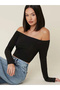 Women's Black Strapless Off Shoulder Long Sleeve Bodycon Sandy Fabric Blouse - 5