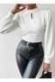 Women's balloon sleeve blouse with teardrop detail at the front in stretchy knitted fabric